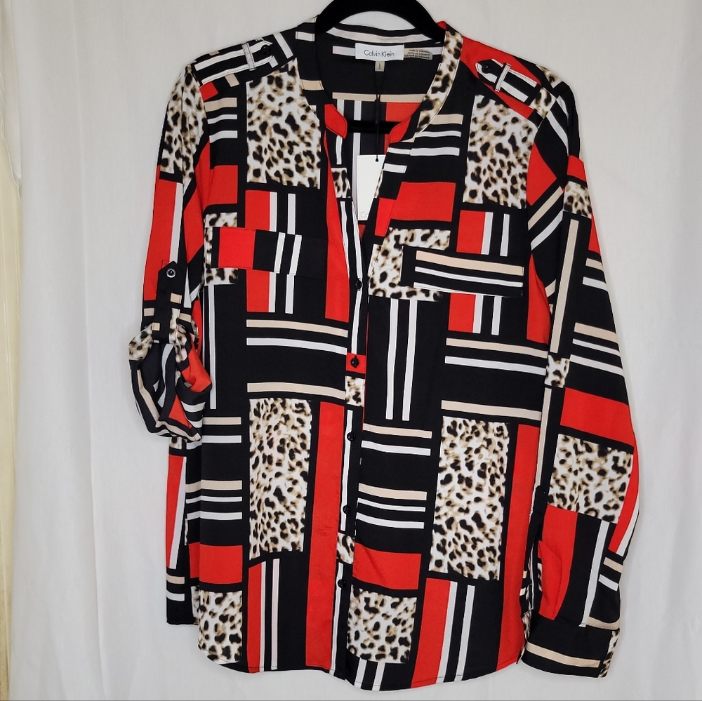 Calvin Klein Leopard Abstract Button Front Top
